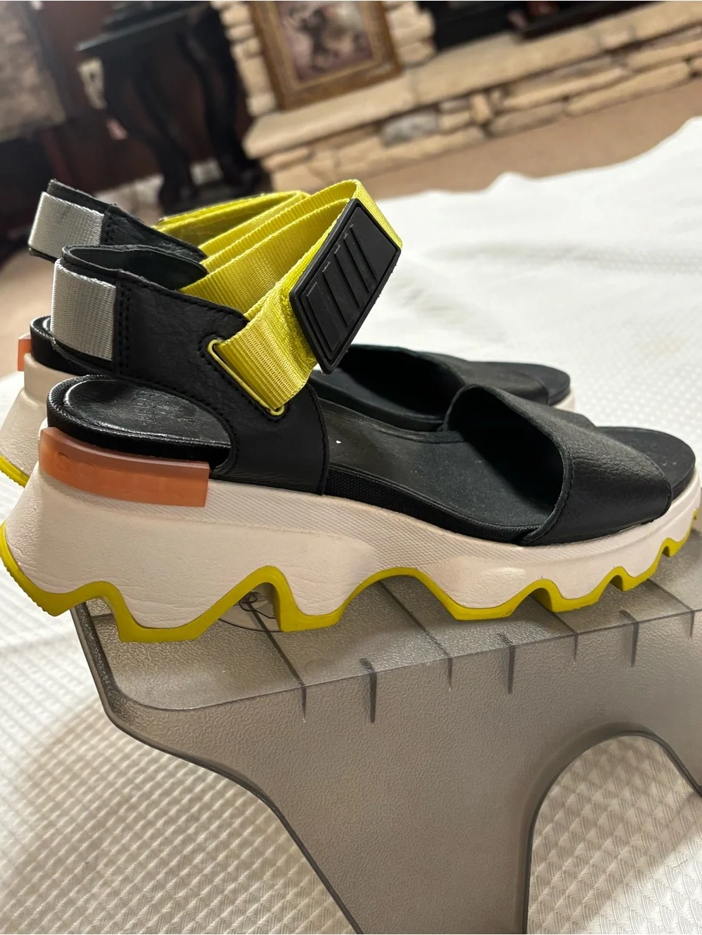 Sorel Black Platform Sandals with Yellow Straps